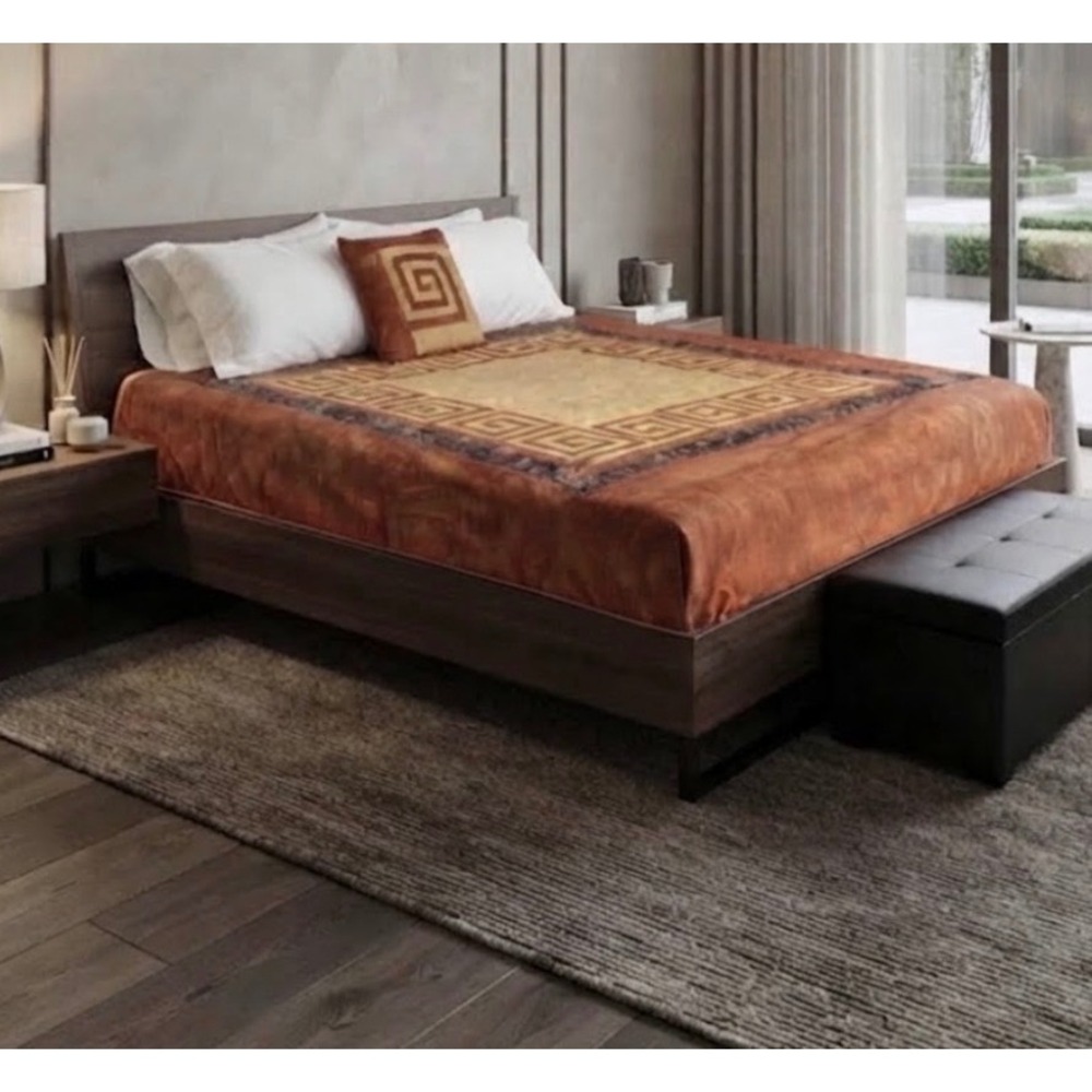 Handmade Quilted Bedspread Full 80x80 Orange Gold Greek Key Floral Geometric